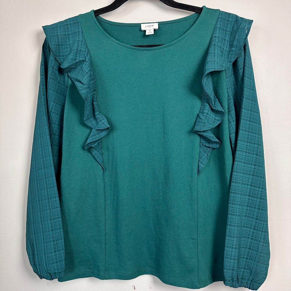 J.Crew Women Blouse Emerald Green Ruffle-Trim Long Sleeve Top‎ Holiday Cottage